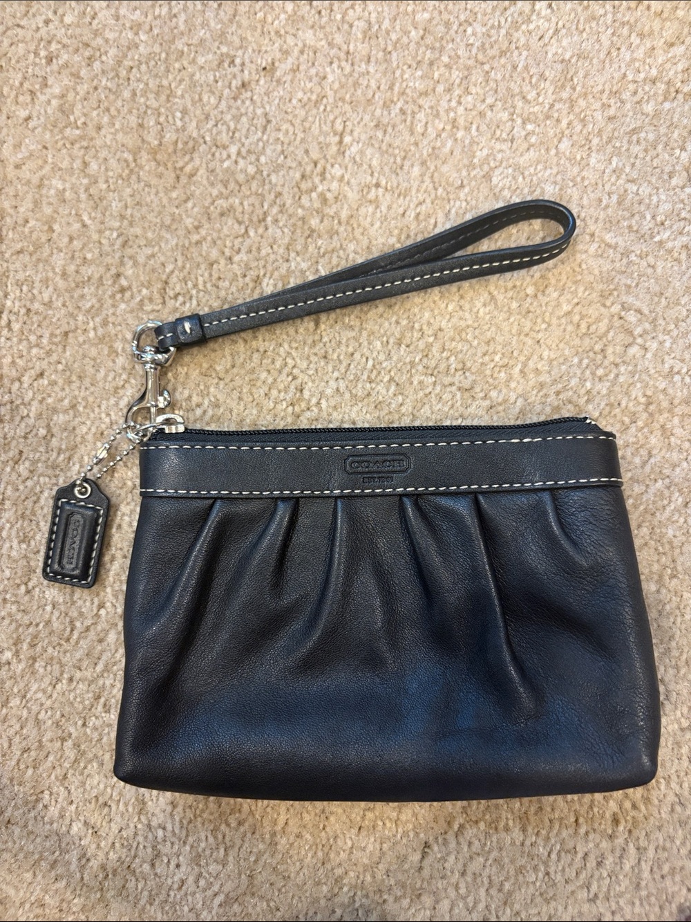 Coach Black Leather Pleated Wristlet with Strap